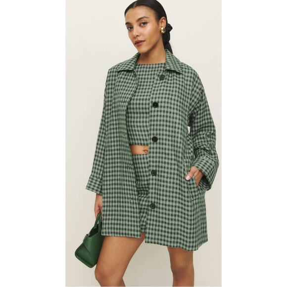 Reformation Irene Linen Jacket In Cactus Check - Picture 1 of 6